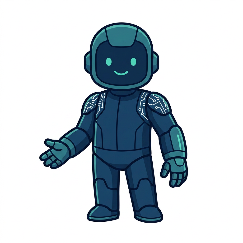fred mascot, a friendly robot character in dark blue and teal